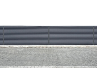 Urban steel corrugated fence placed on a transparent background along the road. Gray modern fence or hedge. Urban environment. Template or mockup
