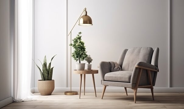 Scandinavian style living room with grey fabric armchair, golden lamp and plants against an empty white wall, 3d rendering, generative AI