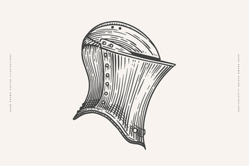 Helmet of an equestrian knight in an engraving style on a light isolated background. Armor of the medieval warrior. Vintage vector illustration.