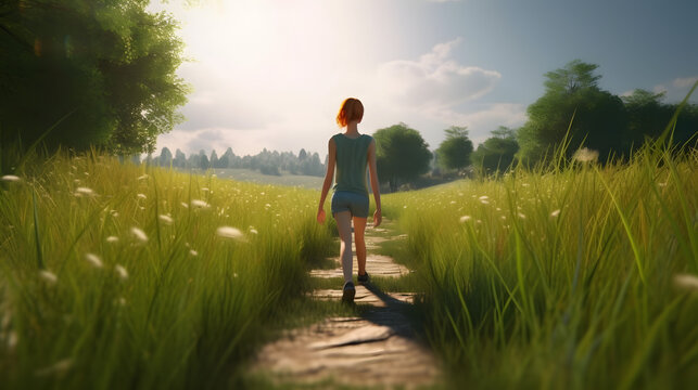 The girl is walking on the summer grass. Generative AI