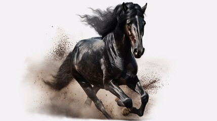 Obraz na płótnie Canvas Black horse with long mane runs gallop in dust on white background. Created with Generative AI technology.