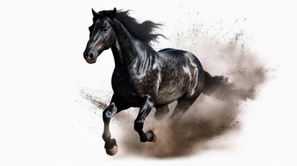 Black horse with long mane runs gallop in dust on white background. Created with Generative AI technology.