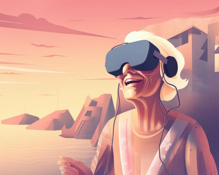 An elderly woman enjoying a virtual reality tour of her favourite holiday destination with an AIpowered headset. . AI generation.