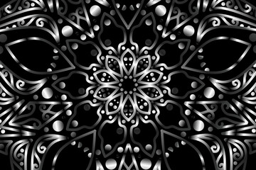 Beautiful caleidoscope symmetrical Black and white gradient flowers line art of traditional background batik dayak ornament design template elements