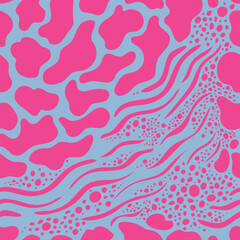 Elegance seamless pattern in crimson and blue colors. Animal skin, abstract spots. Trend 2023 year. Vector illustration.