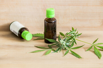 CBD oil Medical cannabis products in bottle with white blank label. Marijuana buds flowers. Hemp herb and leaves for treating, broth, tincture, extract oil in bottle with a green cap with empty space 