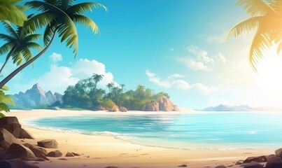 Fototapeta na wymiar Beach scene with a palm tree and the sun, generative AI