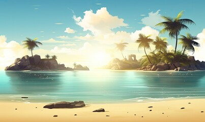 Fototapeta na wymiar Beach scene with a palm tree and the sun