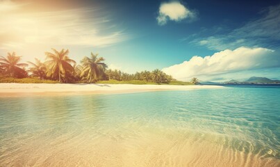 Fototapeta na wymiar A beach with palm trees and the sun shining on the horizon, generative AI