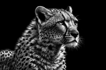 Cheetah face with black background. Detail cheetah on black background.