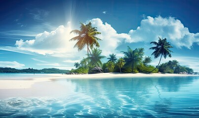 A tropical island with palm trees and a beach with a sunset in the background, generative AI