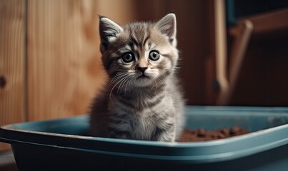 The kitten sits in the litter box. Scottish kitten pees in her litter box, generative AI