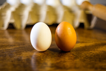 One white and one brown chicken egg standing with an egg carton and rolling pin as background