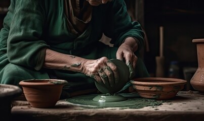 Fototapeta na wymiar A potter works behind a potter's wheel, making a bowl of clay, generative AI