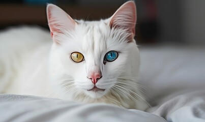 White cat with different color eyes, Turkish angora, generative AI