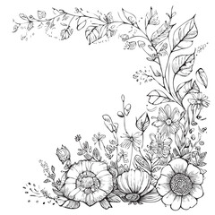 Frame of flowers in boho style sketch hand drawn illustration
