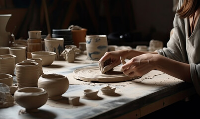 Fototapeta na wymiar A woman works on a pottery wheel in a workshop, generative AI