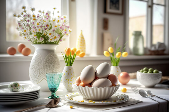 Flowering branches in a glass vase and colored eggs as Easter decorations on a table at the window. Copy space, selected focus. Modern kitchen with beautiful Easter colored eggs. Generative AI