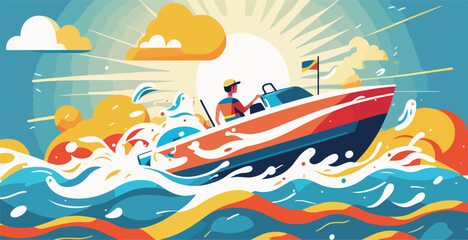 Person enjoying a light summer day out on a speedboat with the sun shining bright and waves splashing around. Flat vector summer watersport illustration concept. Gadget-free vacation - obrazy, fototapety, plakaty