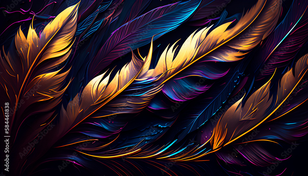 Poster abstract background consisting of painted bright feathers, artistic background drawn in the style of