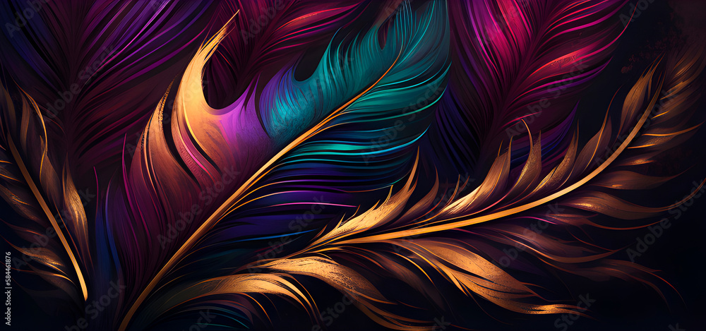 Poster abstract background consisting of painted bright feathers, artistic background drawn in the style of