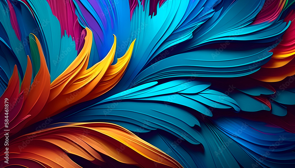 Poster abstract background consisting of painted bright feathers, artistic background drawn in the style of