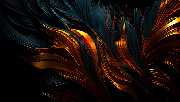 background consisting of black crow feathers, artistic background drawn from dark crow feathers with golden paint, generative ai