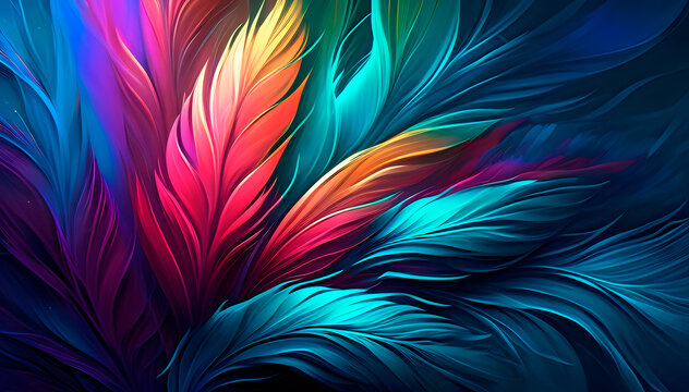 abstract background consisting of painted bright feathers, artistic background drawn in the style of multi-colored chic feathers, generative ai