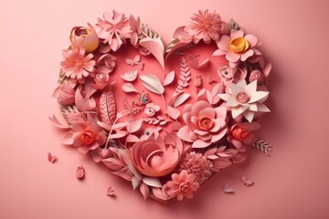 Heart - shaped frame surrounded by flowers on pink surface, handmade papercraft, Generative AI