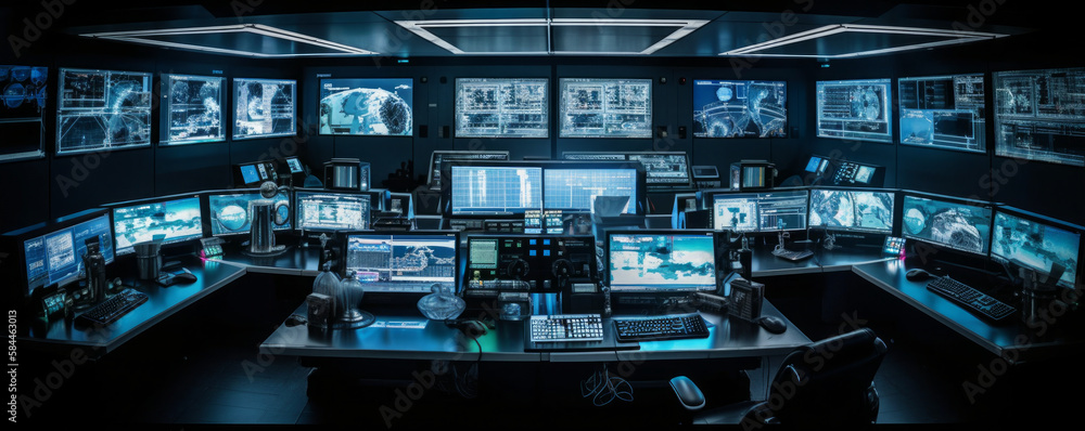 Poster modern futuristic control center with sleek metal surfaces and towering console surrounded by a sea 