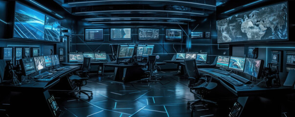 Modern futuristic control center with sleek metal surfaces and towering console surrounded by a sea of glowing monitors - a hub of technological advancement. Generative AI