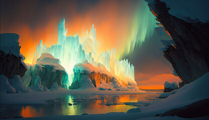 Fototapeta na wymiar Ice Canyon Cathedral, Crystal Clear Natural Ice Formation of Glaciers and Spires of Ice