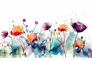 Watercolor illustration of anemone and poppy colorful wildflowers