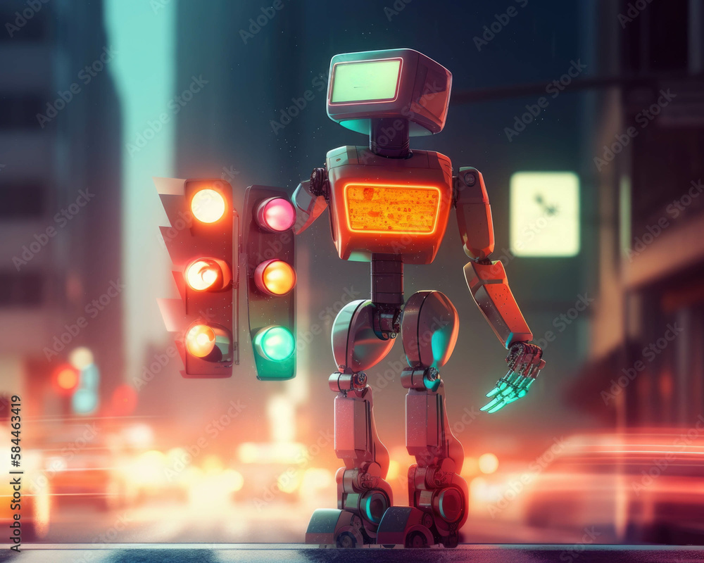 Poster a robot managing traffic flow on a busy street corner illuminated by bright aipowered traffic lights