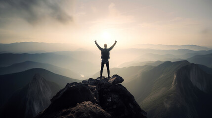 A man standing on top of a mountain with a magical mountainscape view and raised hands, generative ai