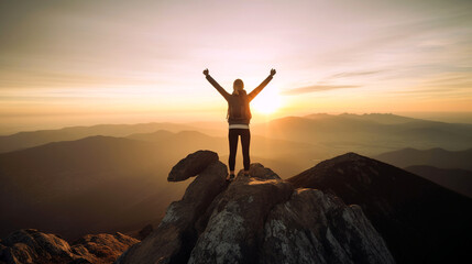 A woman standing on the top of a mountain with raised hands and a magical mountainscape at sunset, representing success and achievement, generative ai