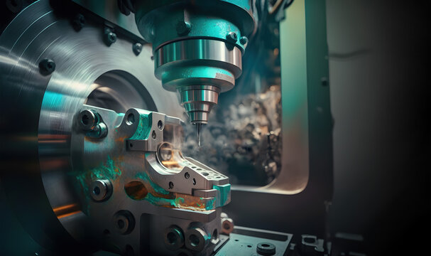 Metalworking CNC milling machine. Cutting metal modern processing technology. Small depth of field. Hi-technology machining Generative AI concept