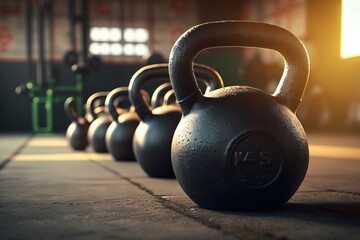 Naklejka na ściany i meble Kettlebells in the gym. Sports life. Sports and weightlifting.