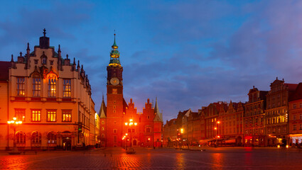 Gothic building of Old Town Hall in central square of Polish city of Wroclaw in night lights