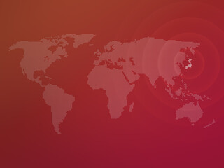 Dotted halftone world map with the country of Japan highlighted. Modern and clean world map on a red color gradient background. 
