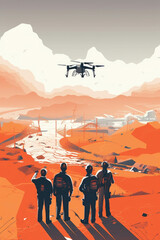 Fototapeta na wymiar A team of first responders surveying a natural disaster site with a flying drone equipped with AI software. . AI generation.