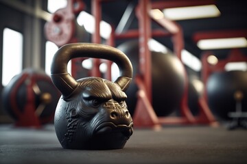 Naklejka na ściany i meble An unusual weight in the shape of a bull's head in the gym. Weightlifting.