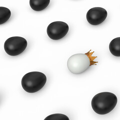 Pattern from black chicken eggs and unique white egg in gold royal king crown