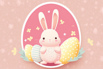 Easter pink banner template with cute bunny and easter eggs. Generative AI.