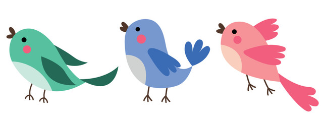Obraz premium Cute and beautiful multi-coloured birds. Spring birds with beautiful beaks and red cheeks. Vector birds for postcards. Birds isolated on white background
