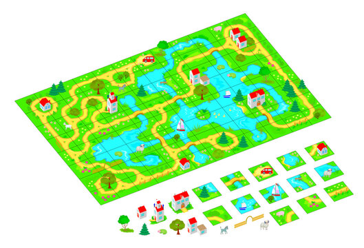 Set of 3d isometric tileset for creating video game with town and streets. Tiles with parts of roads and buildings for making platform map. Flat vector cartoon image for puzzle background.