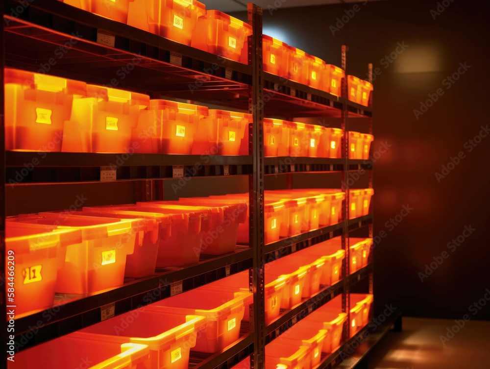 Poster an array of glowing carefully managed storage bins arranged along a conveyor belt to transport mater