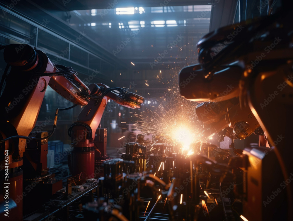 Aufkleber a view into the future of technology deep in the center of a robotic arm factory with bright sparks 