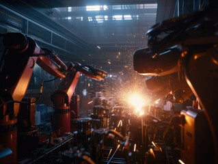 A view into the future of technology deep in the center of a robotic arm factory with bright sparks and flashes of the robotic arms . AI generation.