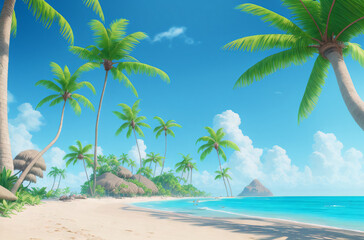 Fototapeta na wymiar Tropical landscape. Tropical island in sunny weather. Palm trees, ocean, sandy beach. Generative AI.